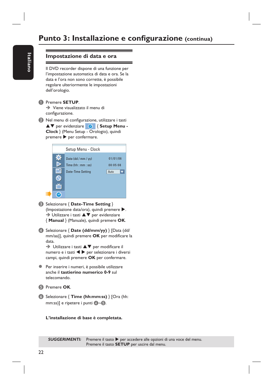 Punto 3: installazione e confi gurazione, Continua) impostazione di data e ora | Philips DVDR3430V User Manual | Page 22 / 71