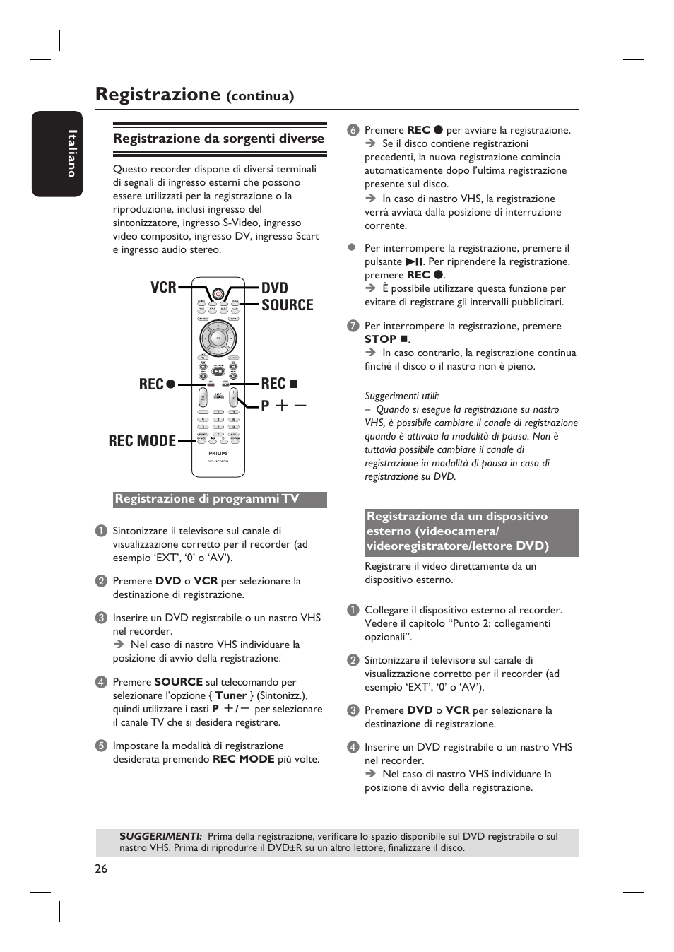 Registrazione, Source dvd vcr rec rec rec mode p | Philips DVDR3430V User Manual | Page 26 / 71