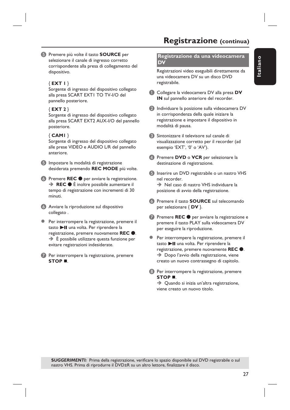 Registrazione | Philips DVDR3430V User Manual | Page 27 / 71