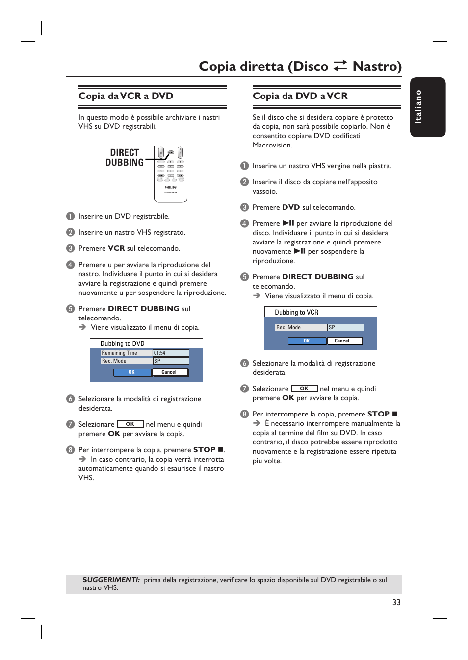 Copia diretta (disco î nastro), Copia da vcr a dvd, Direct dubbing | Copia da dvd a vcr | Philips DVDR3430V User Manual | Page 33 / 71