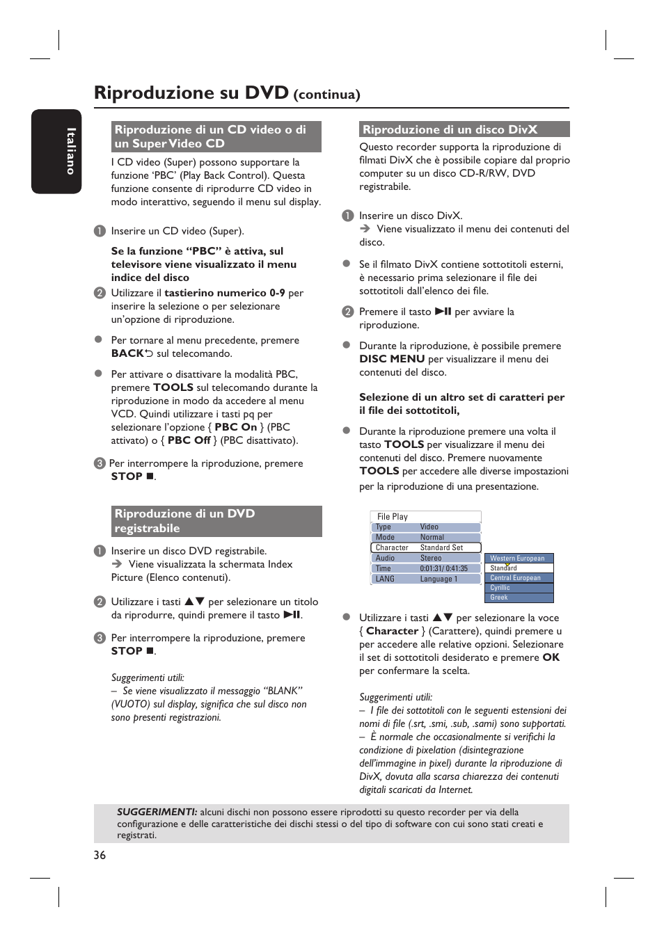 Riproduzione su dvd, Continua) | Philips DVDR3430V User Manual | Page 36 / 71
