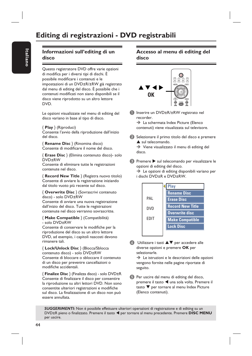 Editing di registrazioni - dvd registrabili | Philips DVDR3430V User Manual | Page 44 / 71