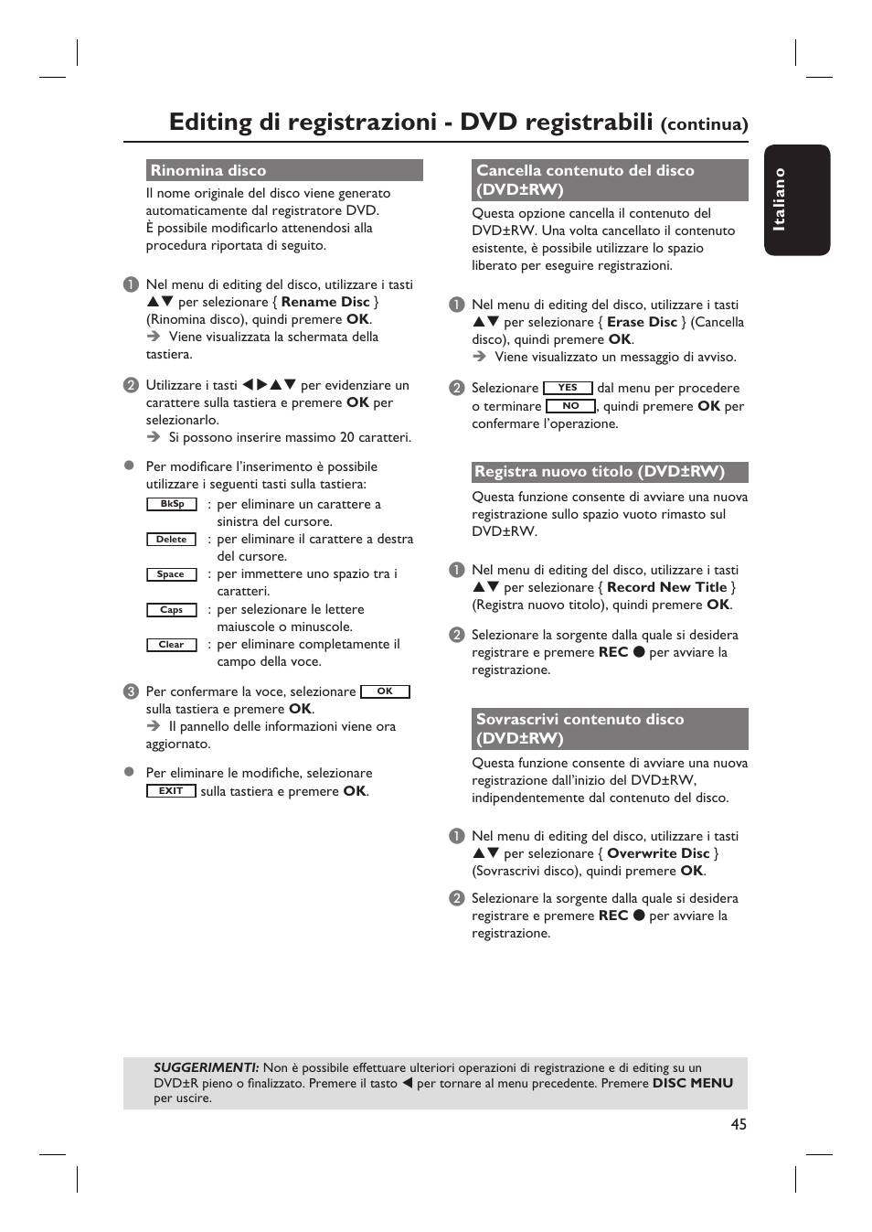 Editing di registrazioni - dvd registrabili, Continua) | Philips DVDR3430V User Manual | Page 45 / 71