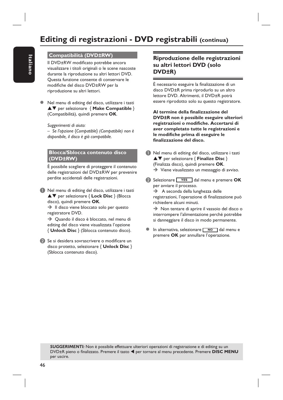 Editing di registrazioni - dvd registrabili, Continua) | Philips DVDR3430V User Manual | Page 46 / 71