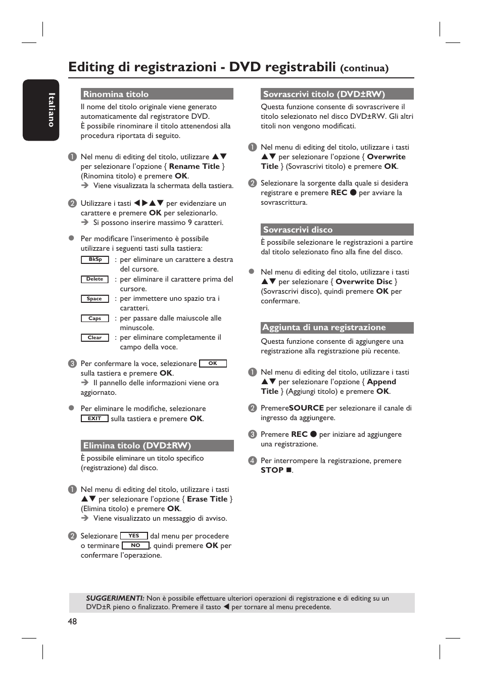 Editing di registrazioni - dvd registrabili, Continua) | Philips DVDR3430V User Manual | Page 48 / 71