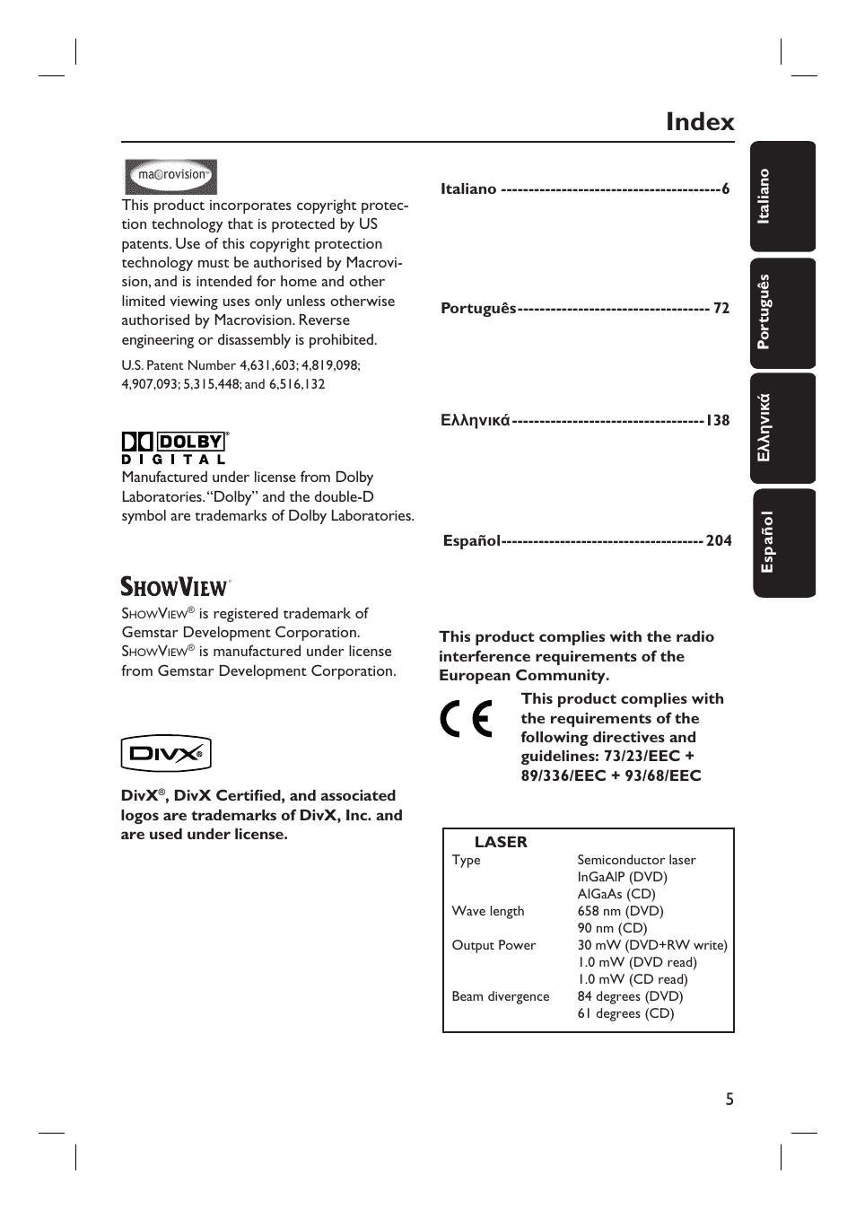 Index | Philips DVDR3430V User Manual | Page 5 / 71