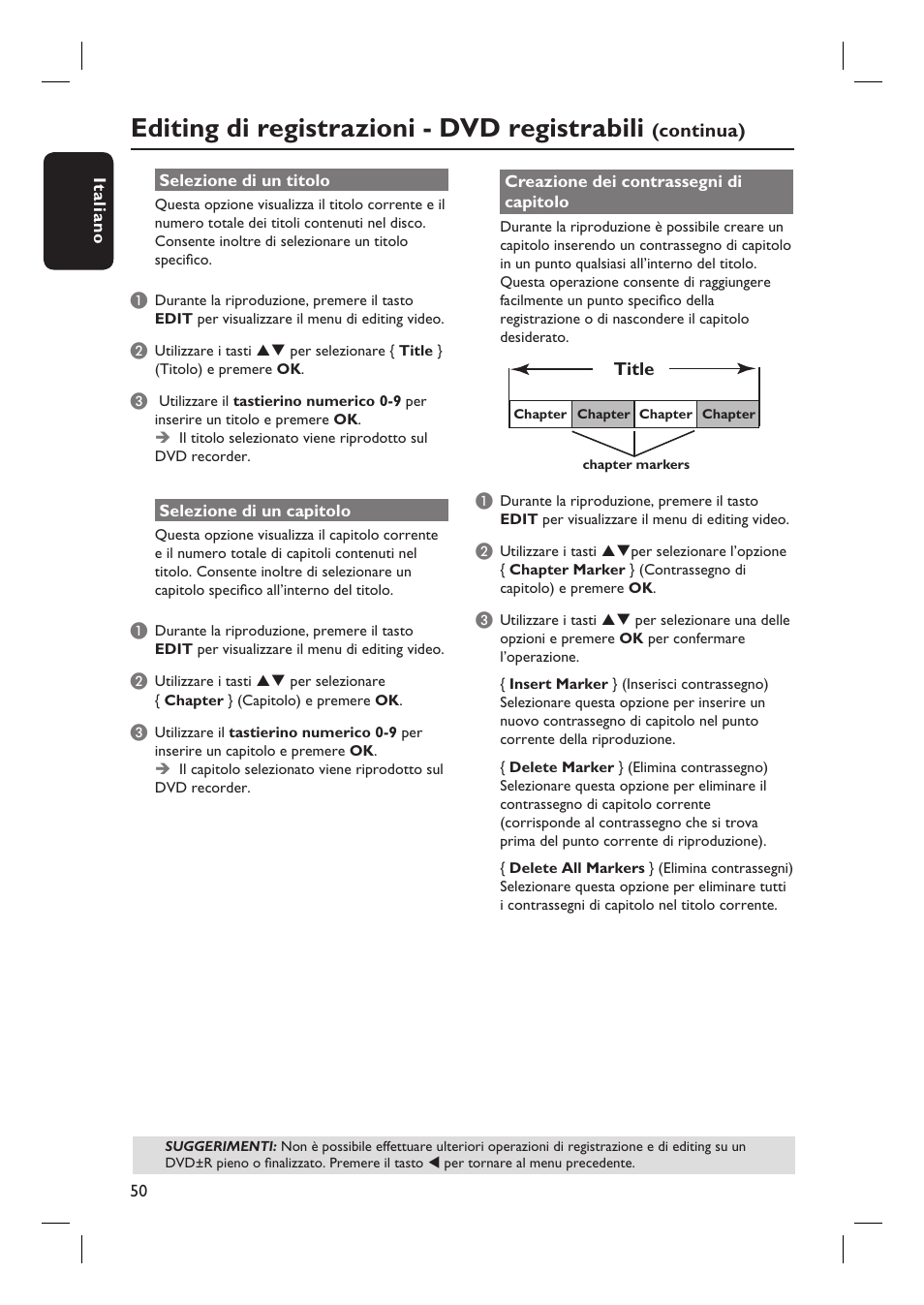 Editing di registrazioni - dvd registrabili | Philips DVDR3430V User Manual | Page 50 / 71