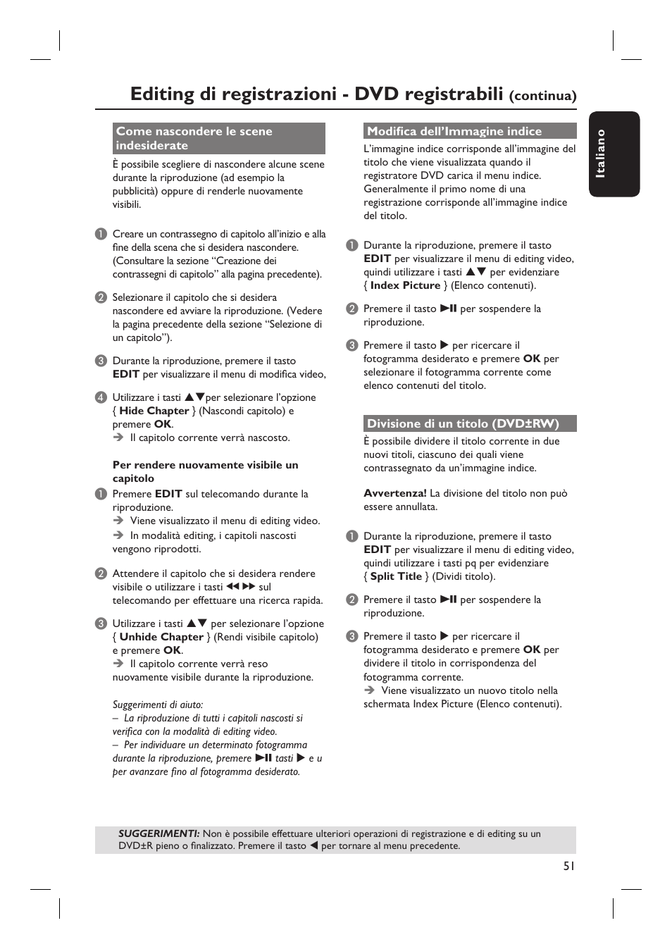 Editing di registrazioni - dvd registrabili | Philips DVDR3430V User Manual | Page 51 / 71