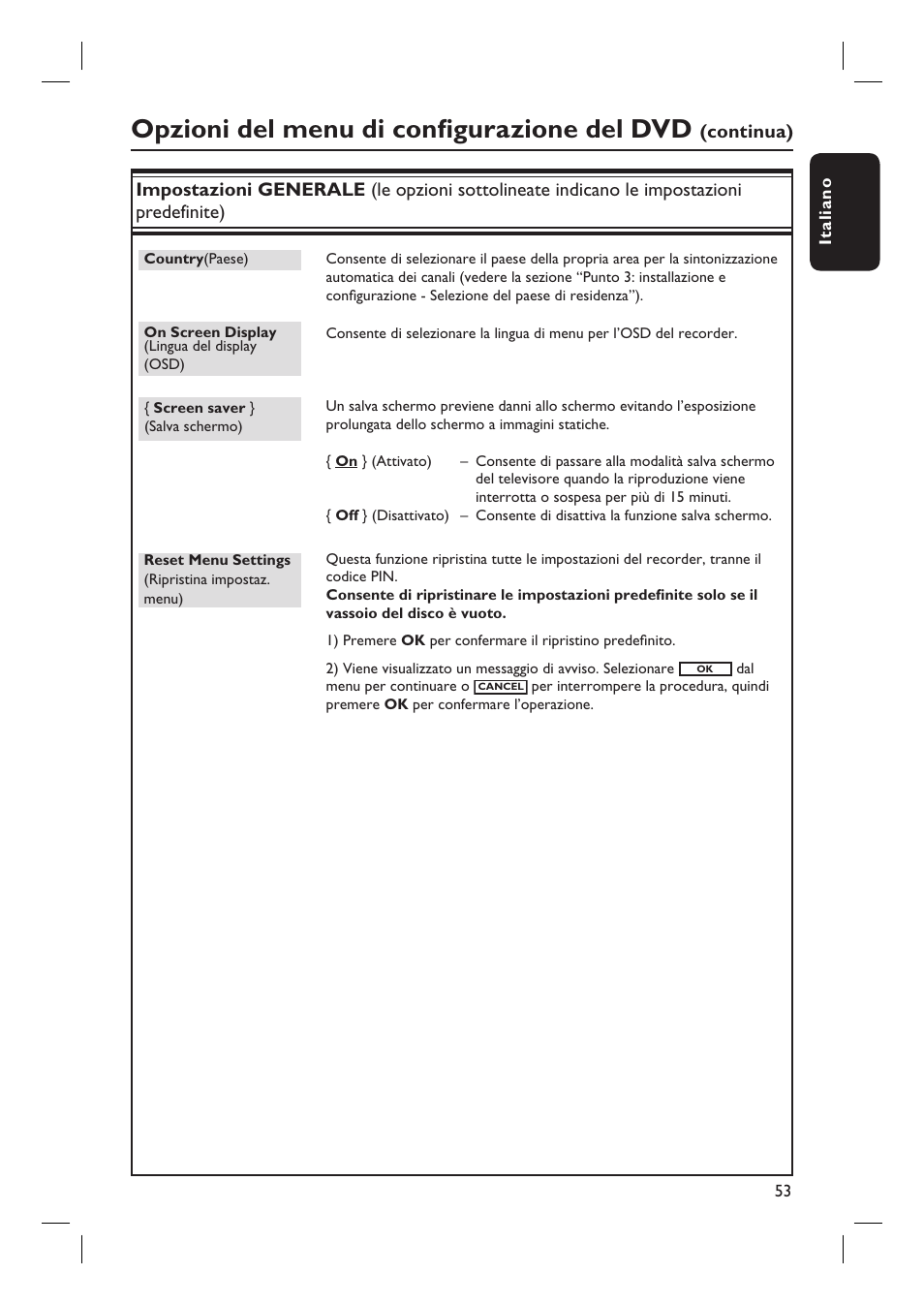 Opzioni del menu di confi gurazione del dvd | Philips DVDR3430V User Manual | Page 53 / 71