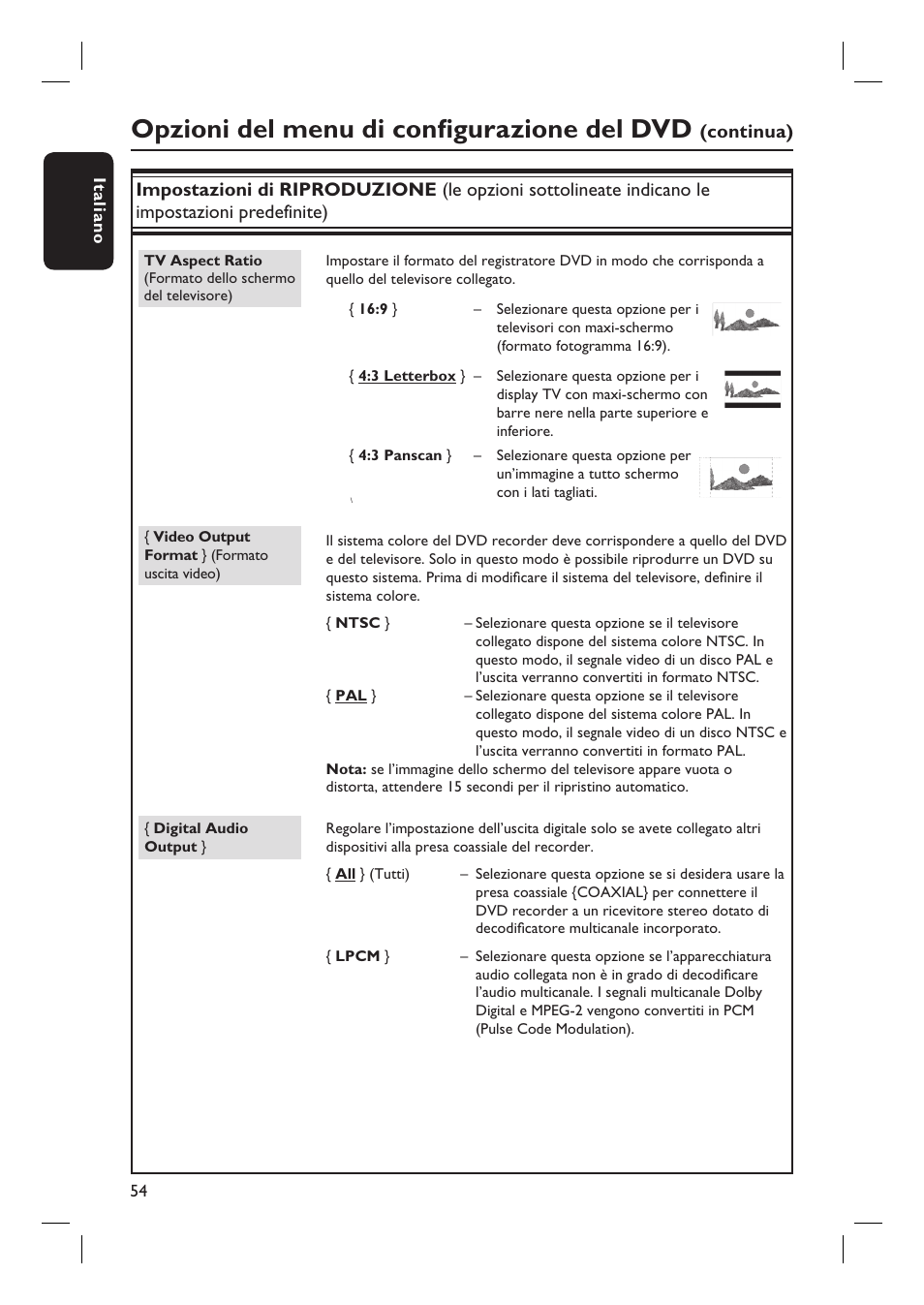 Opzioni del menu di confi gurazione del dvd | Philips DVDR3430V User Manual | Page 54 / 71