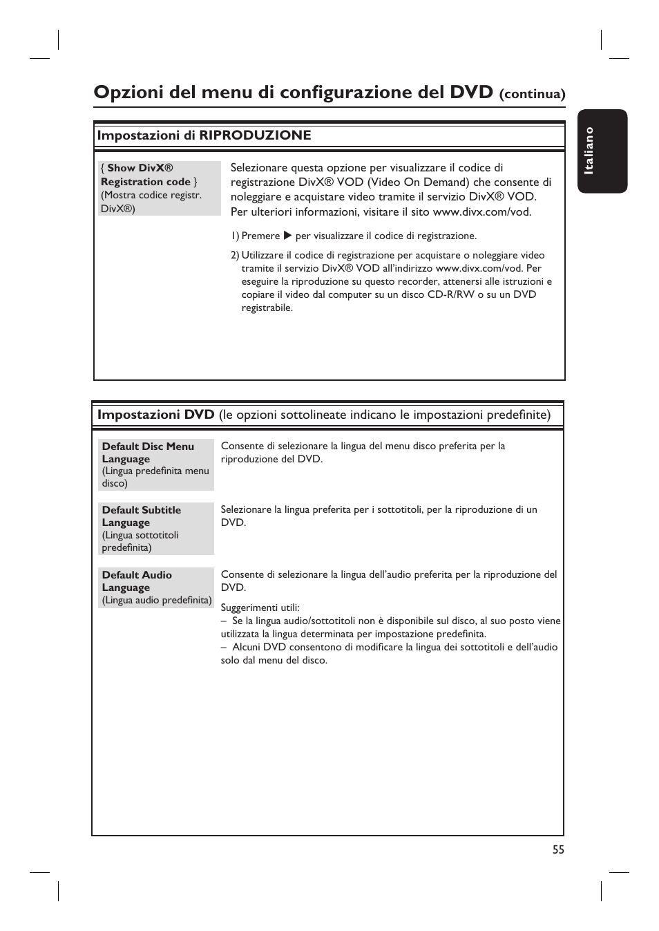 Opzioni del menu di confi gurazione del dvd | Philips DVDR3430V User Manual | Page 55 / 71