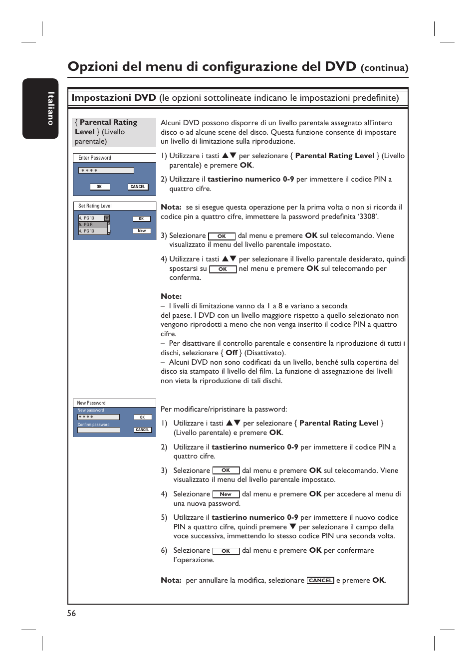 Opzioni del menu di confi gurazione del dvd, Continua), Italiano 56 | Philips DVDR3430V User Manual | Page 56 / 71
