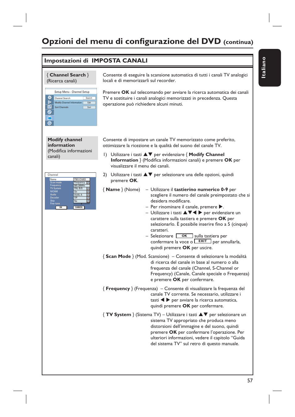 Opzioni del menu di confi gurazione del dvd, Impostazioni di imposta canali, Continua) | Italiano 57 | Philips DVDR3430V User Manual | Page 57 / 71