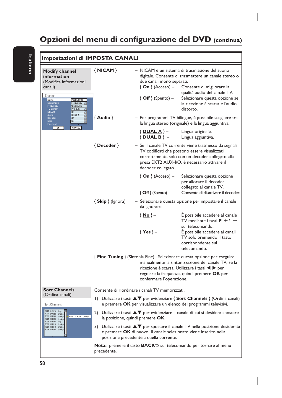 Opzioni del menu di confi gurazione del dvd, Impostazioni di imposta canali, Continua) | Italiano 58 | Philips DVDR3430V User Manual | Page 58 / 71