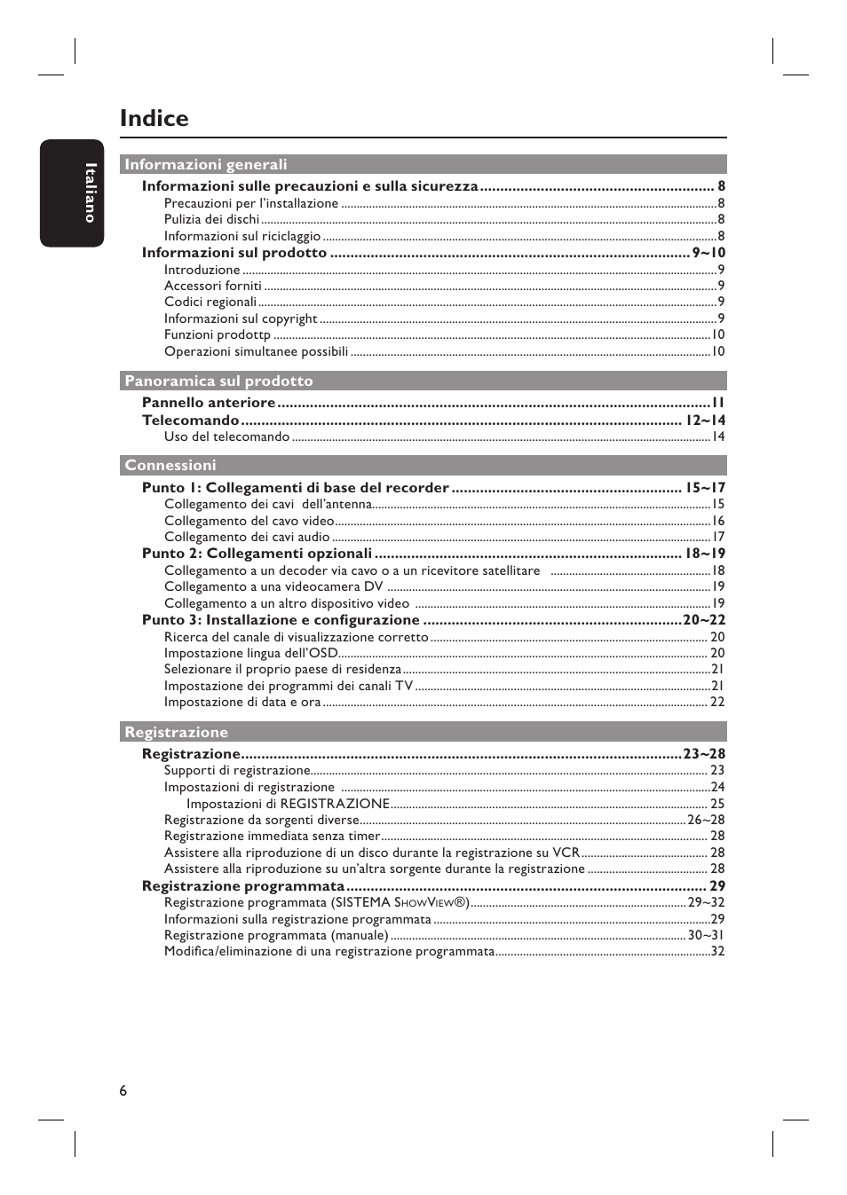 Indice | Philips DVDR3430V User Manual | Page 6 / 71