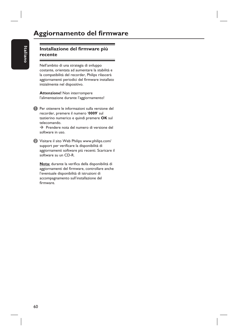 Aggiornamento del fi rmware | Philips DVDR3430V User Manual | Page 60 / 71