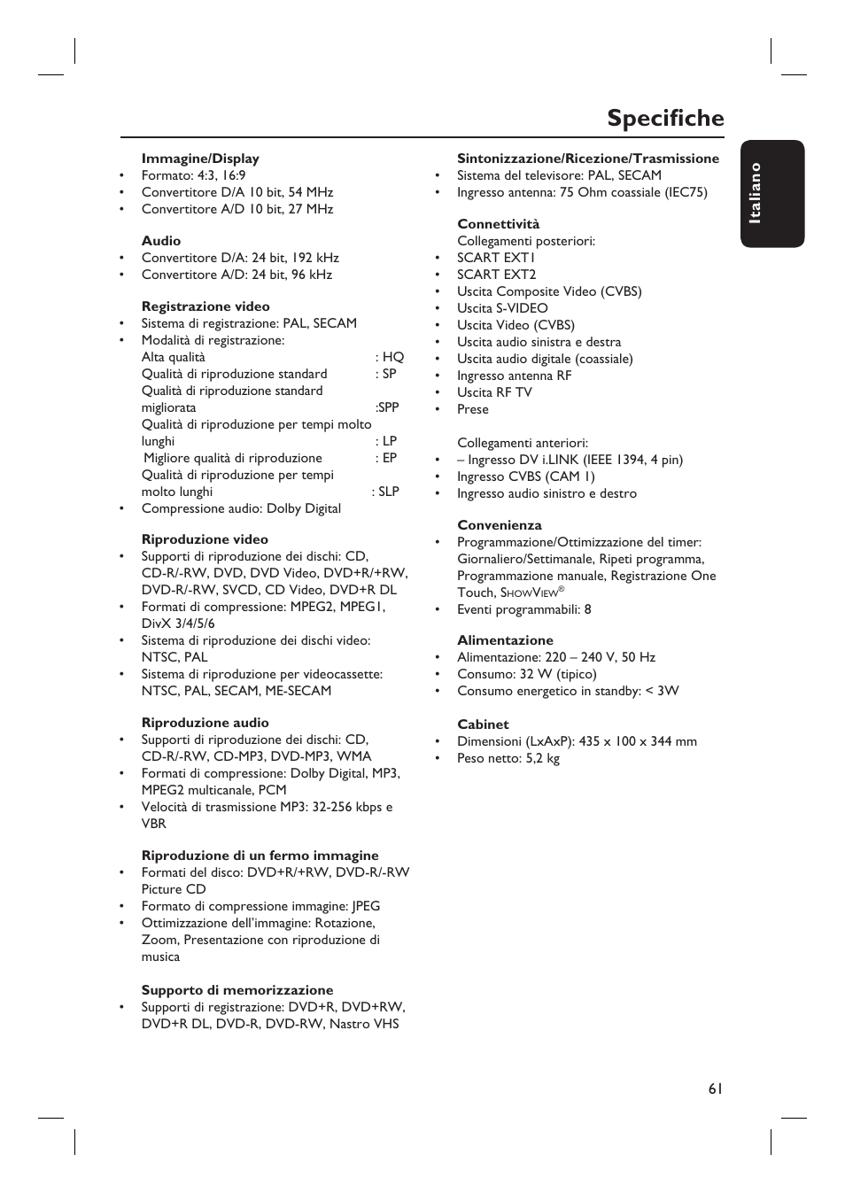 Specifi che | Philips DVDR3430V User Manual | Page 61 / 71