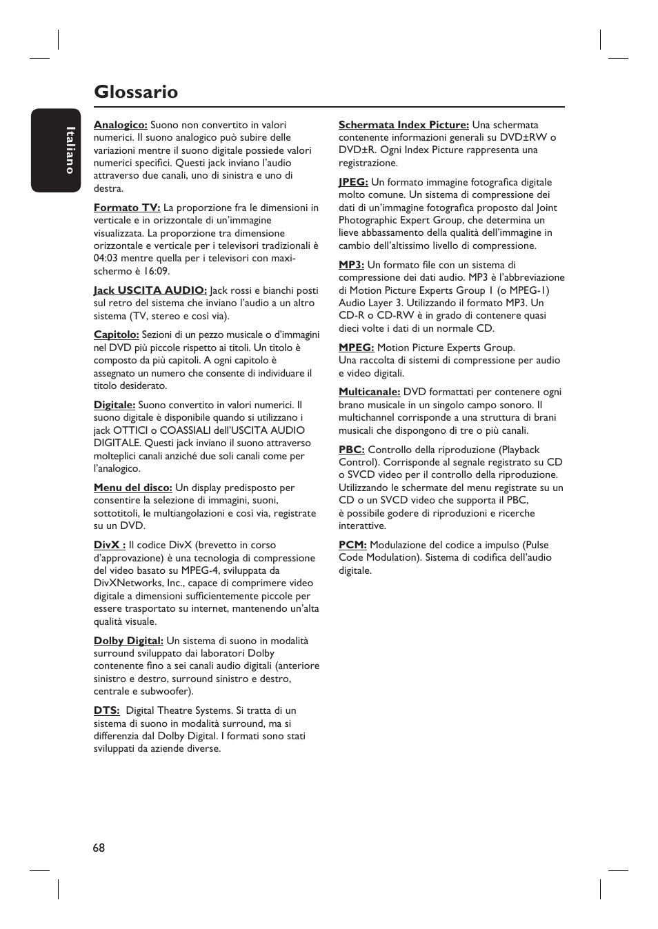 Glossario | Philips DVDR3430V User Manual | Page 68 / 71