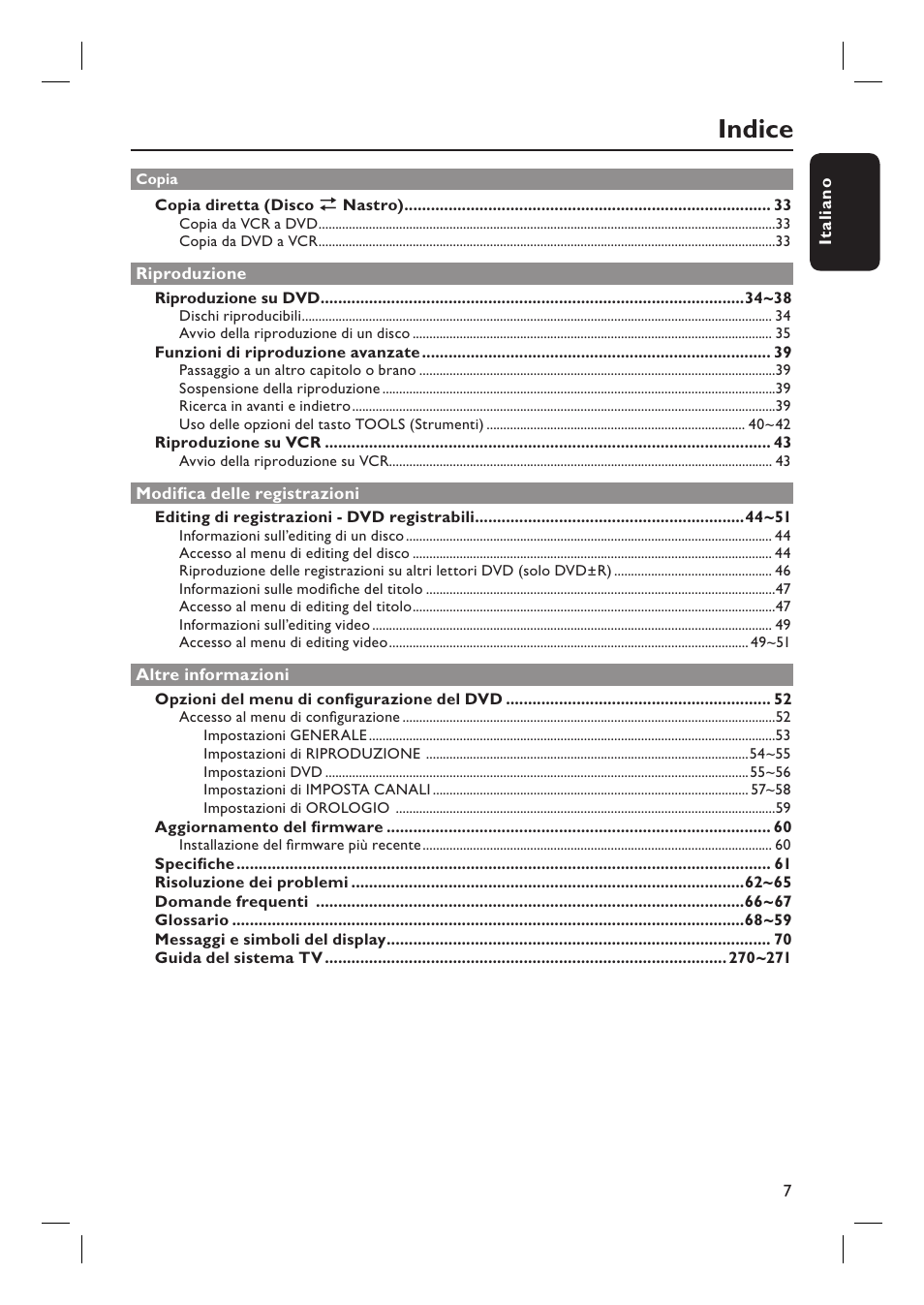 Indice | Philips DVDR3430V User Manual | Page 7 / 71