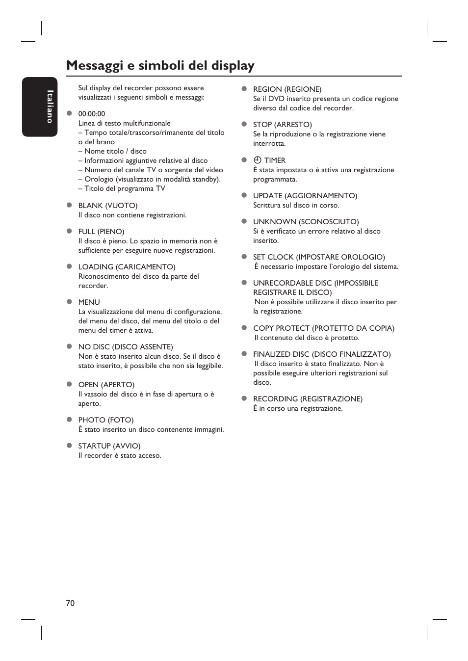 Messaggi e simboli del display | Philips DVDR3430V User Manual | Page 70 / 71