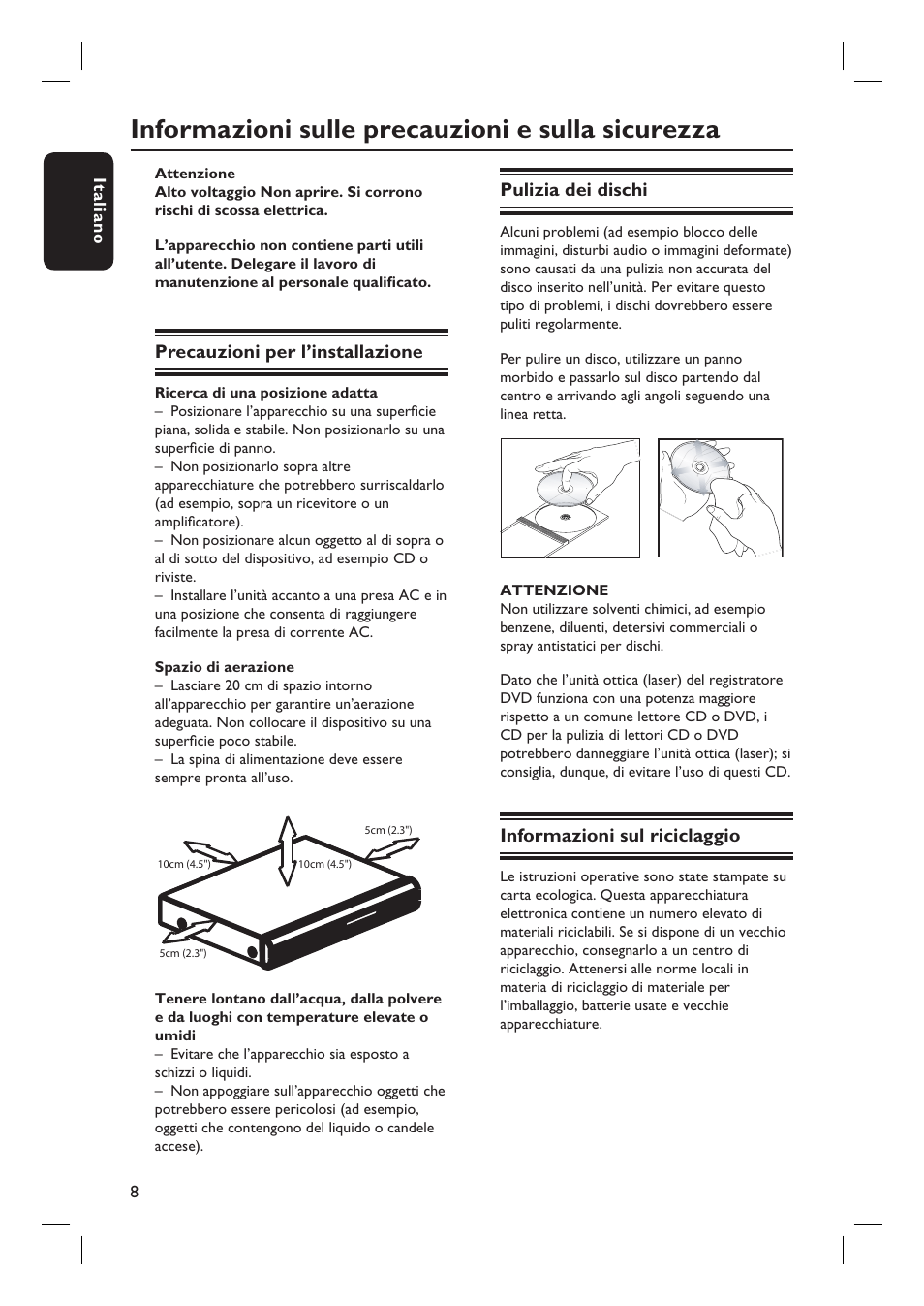 Informazioni sulle precauzioni e sulla sicurezza | Philips DVDR3430V User Manual | Page 8 / 71