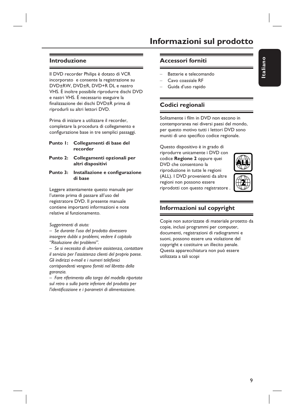 Informazioni sul prodotto | Philips DVDR3430V User Manual | Page 9 / 71