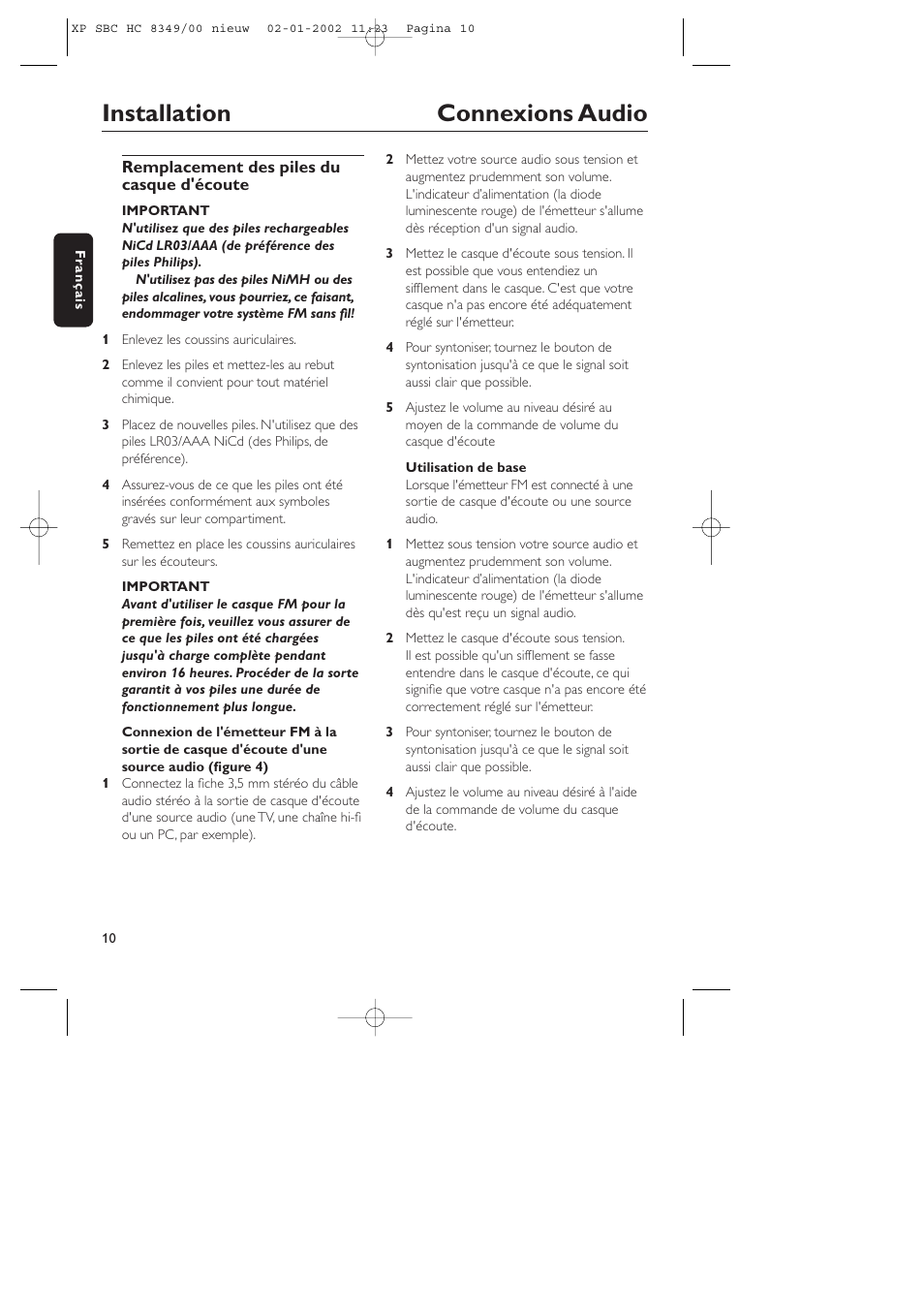 Installation connexions audio | Philips SBC CS030/00 User Manual | Page 10 / 31