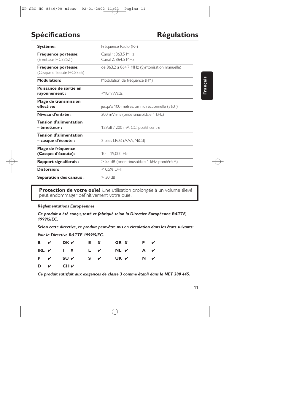 Spécifications régulations | Philips SBC CS030/00 User Manual | Page 11 / 31