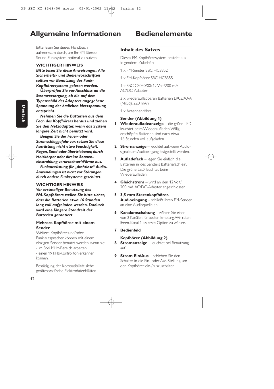Allgemeine informationen bedienelemente | Philips SBC CS030/00 User Manual | Page 12 / 31