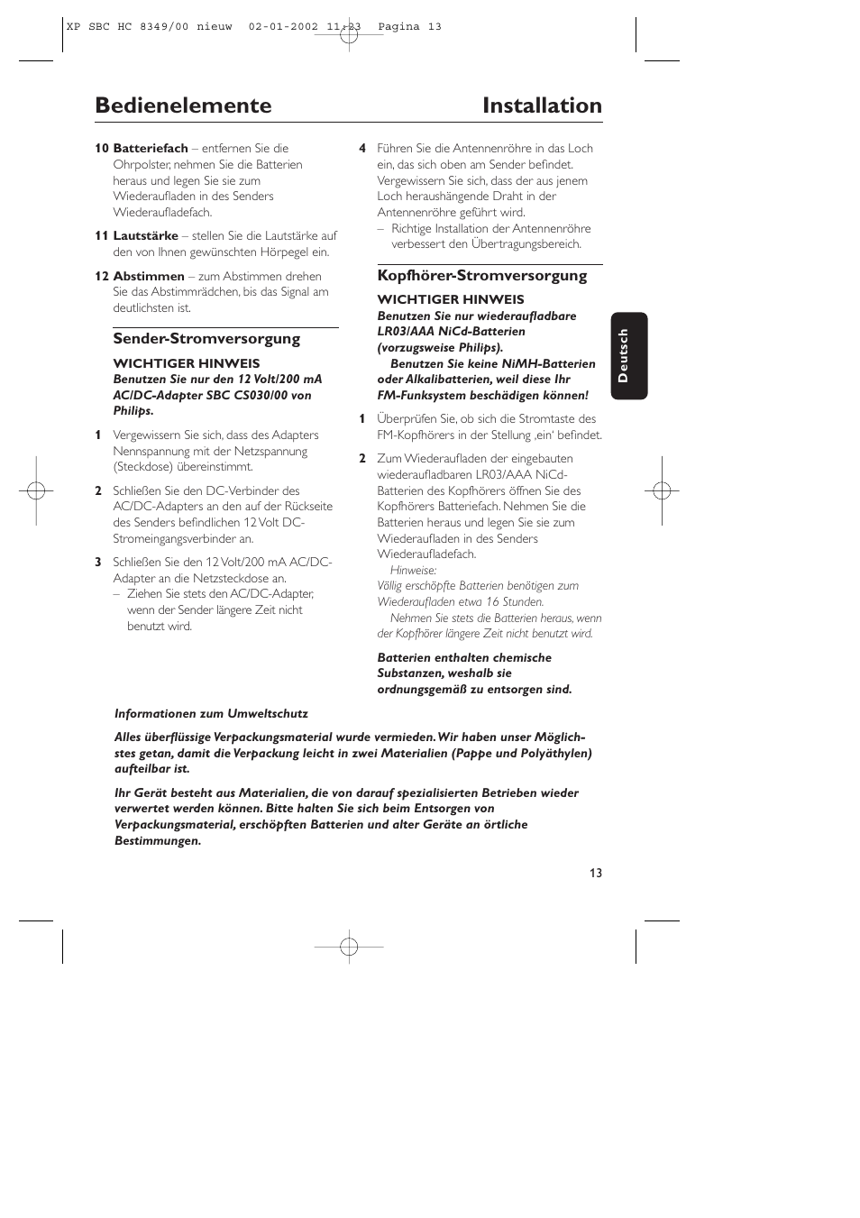 Bedienelemente installation | Philips SBC CS030/00 User Manual | Page 13 / 31