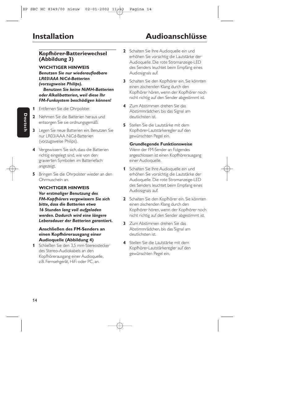 Installation audioanschlüsse | Philips SBC CS030/00 User Manual | Page 14 / 31