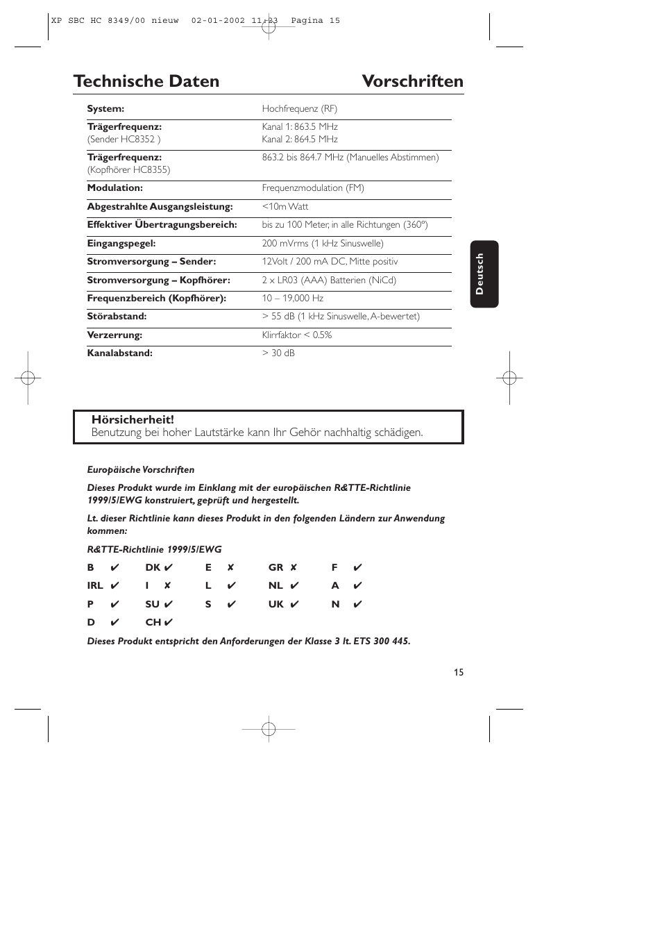Technische daten vorschriften | Philips SBC CS030/00 User Manual | Page 15 / 31
