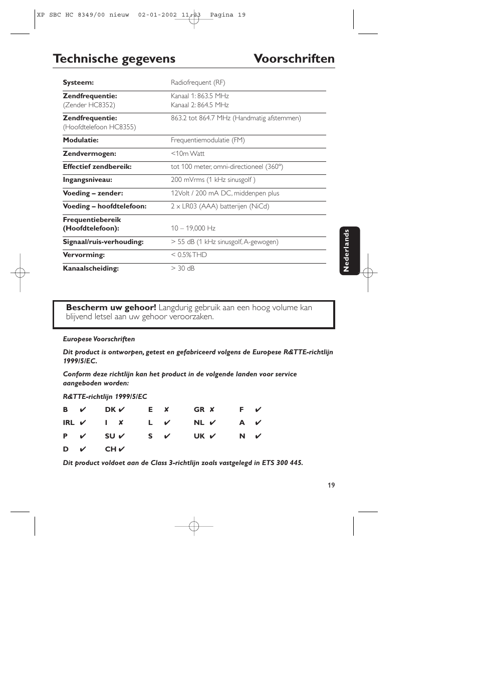 Technische gegevens voorschriften | Philips SBC CS030/00 User Manual | Page 19 / 31