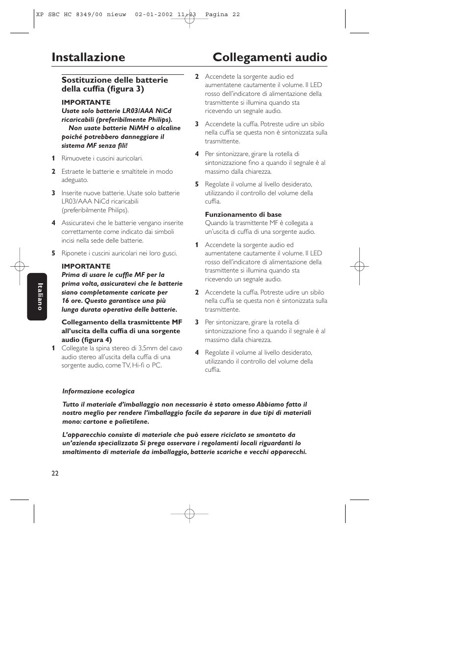 Installazione collegamenti audio | Philips SBC CS030/00 User Manual | Page 22 / 31
