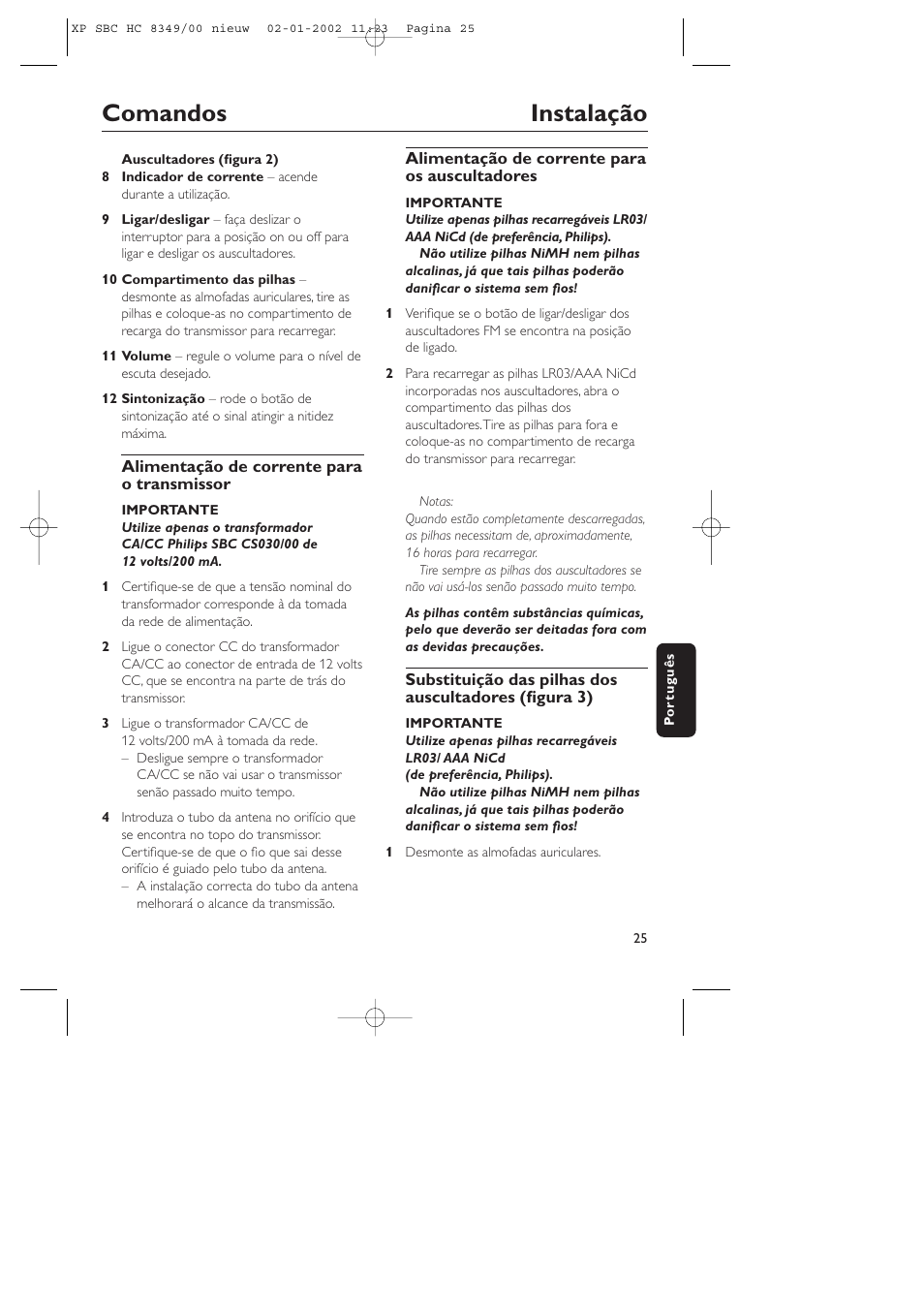 Comandos instalação | Philips SBC CS030/00 User Manual | Page 25 / 31