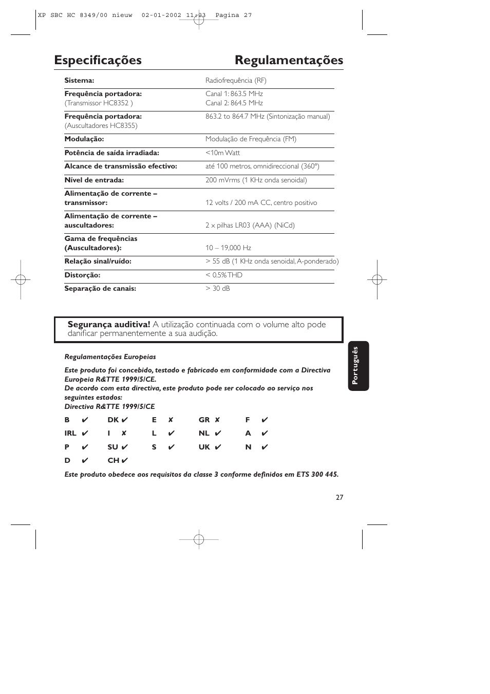Especificações regulamentações | Philips SBC CS030/00 User Manual | Page 27 / 31