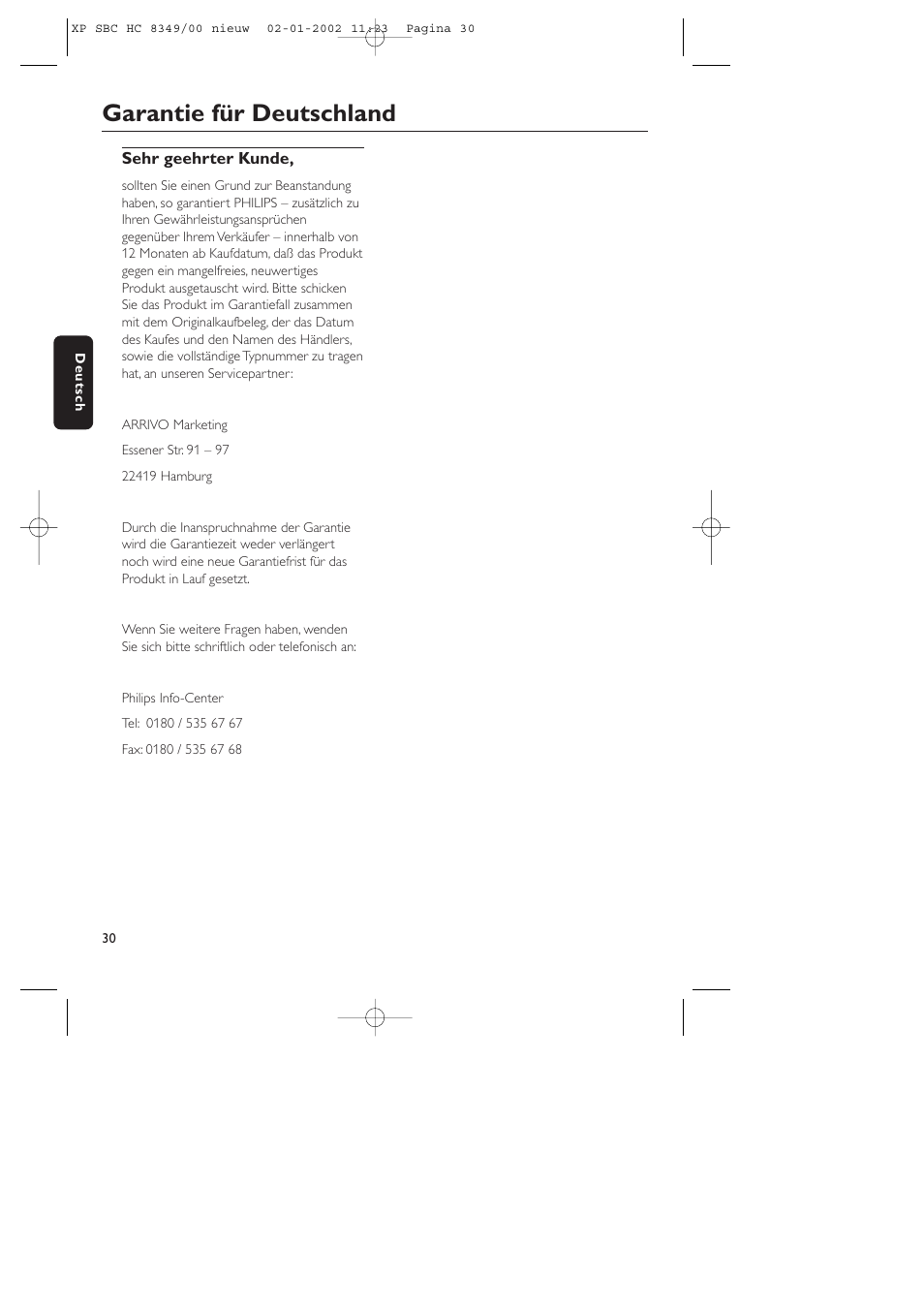 Garantie für deutschland | Philips SBC CS030/00 User Manual | Page 30 / 31