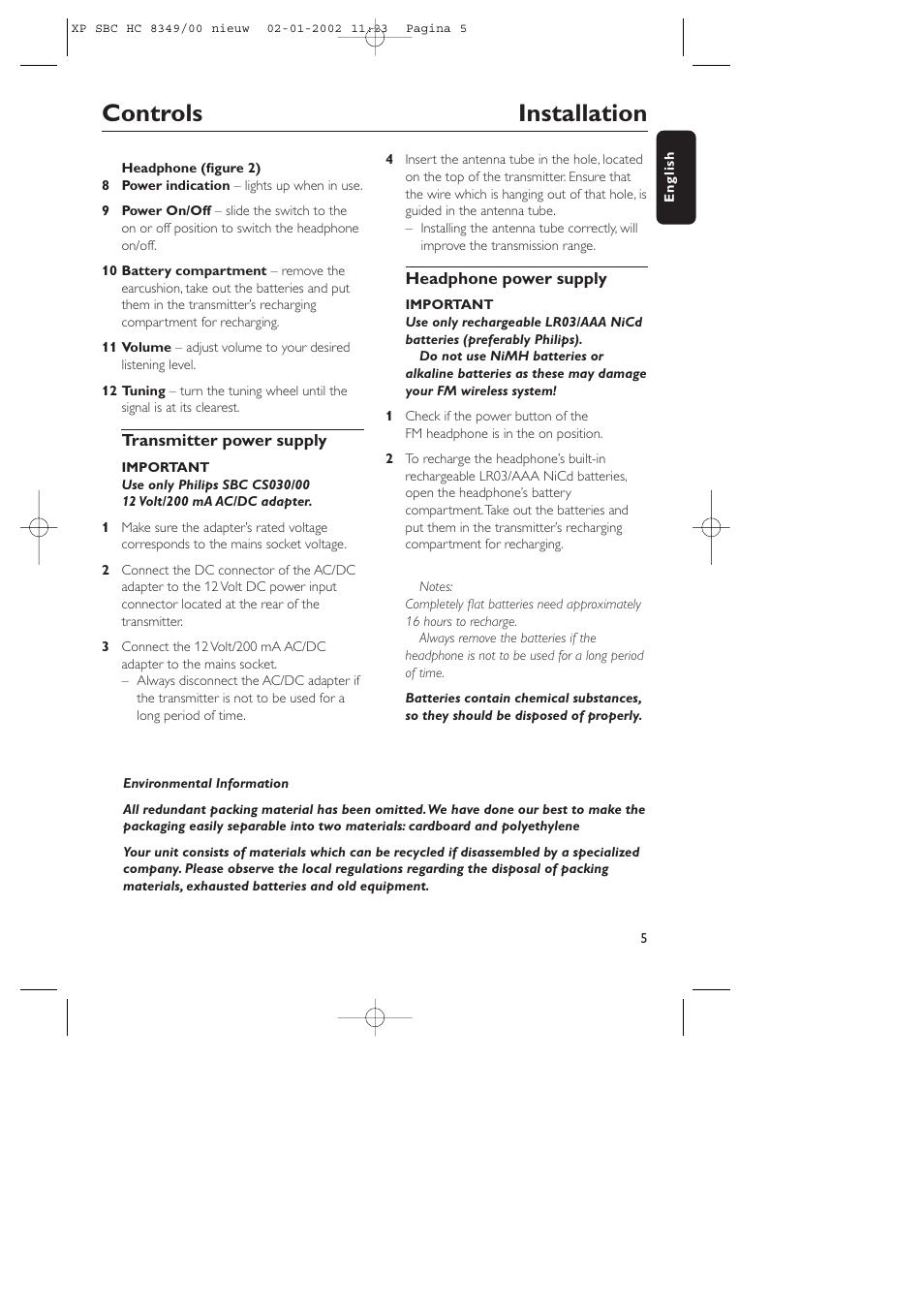 Controls installation | Philips SBC CS030/00 User Manual | Page 5 / 31