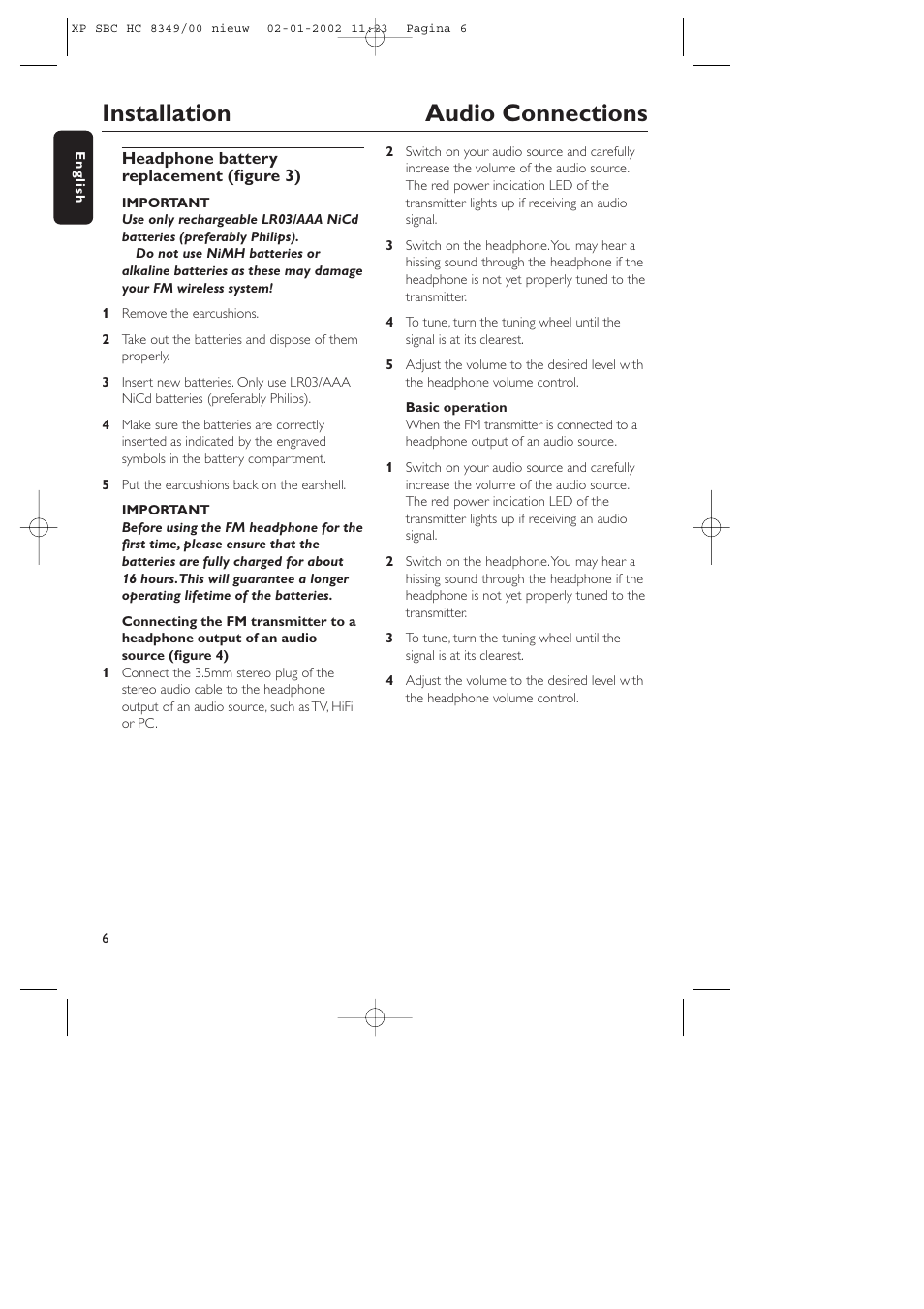 Installation audio connections | Philips SBC CS030/00 User Manual | Page 6 / 31