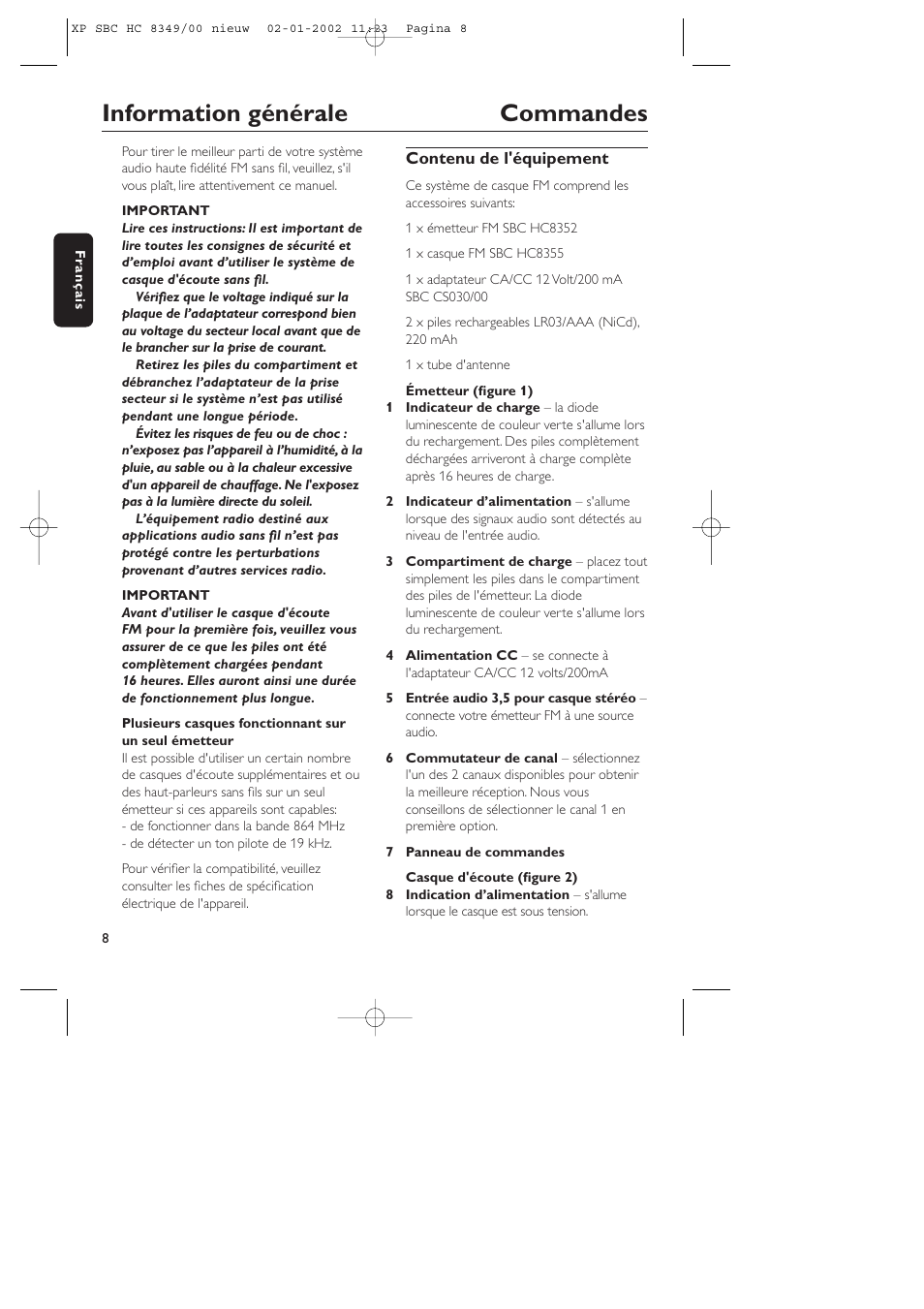 Information générale commandes | Philips SBC CS030/00 User Manual | Page 8 / 31