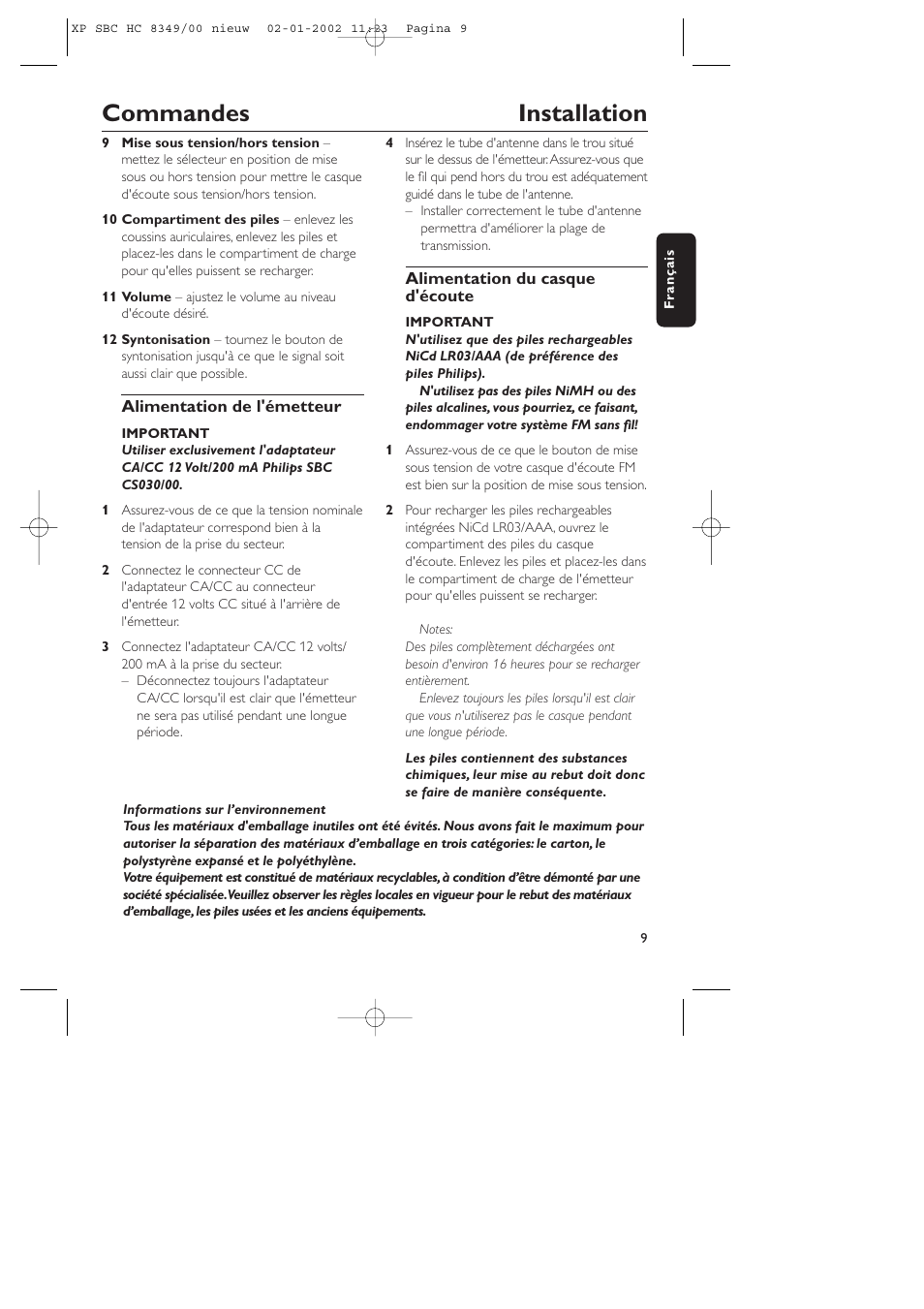 Commandes installation | Philips SBC CS030/00 User Manual | Page 9 / 31