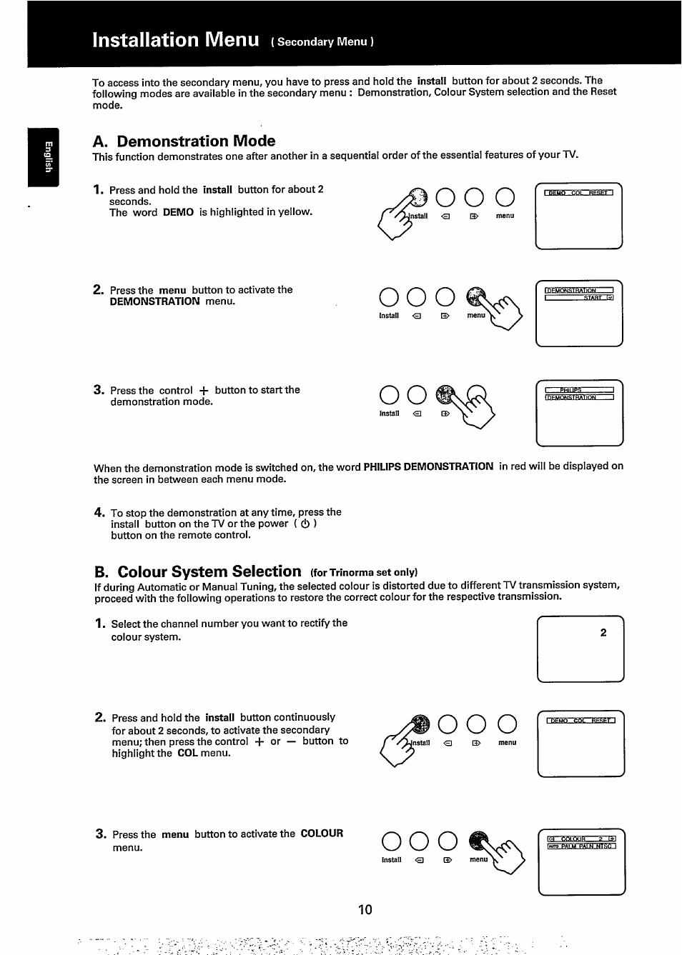 A. demonstration mode, Oo o, B. colour system selection (for trinorma set only) | O o o, Installation menu, B. colour system selection | Philips 20GX1850 User Manual | Page 10 / 19