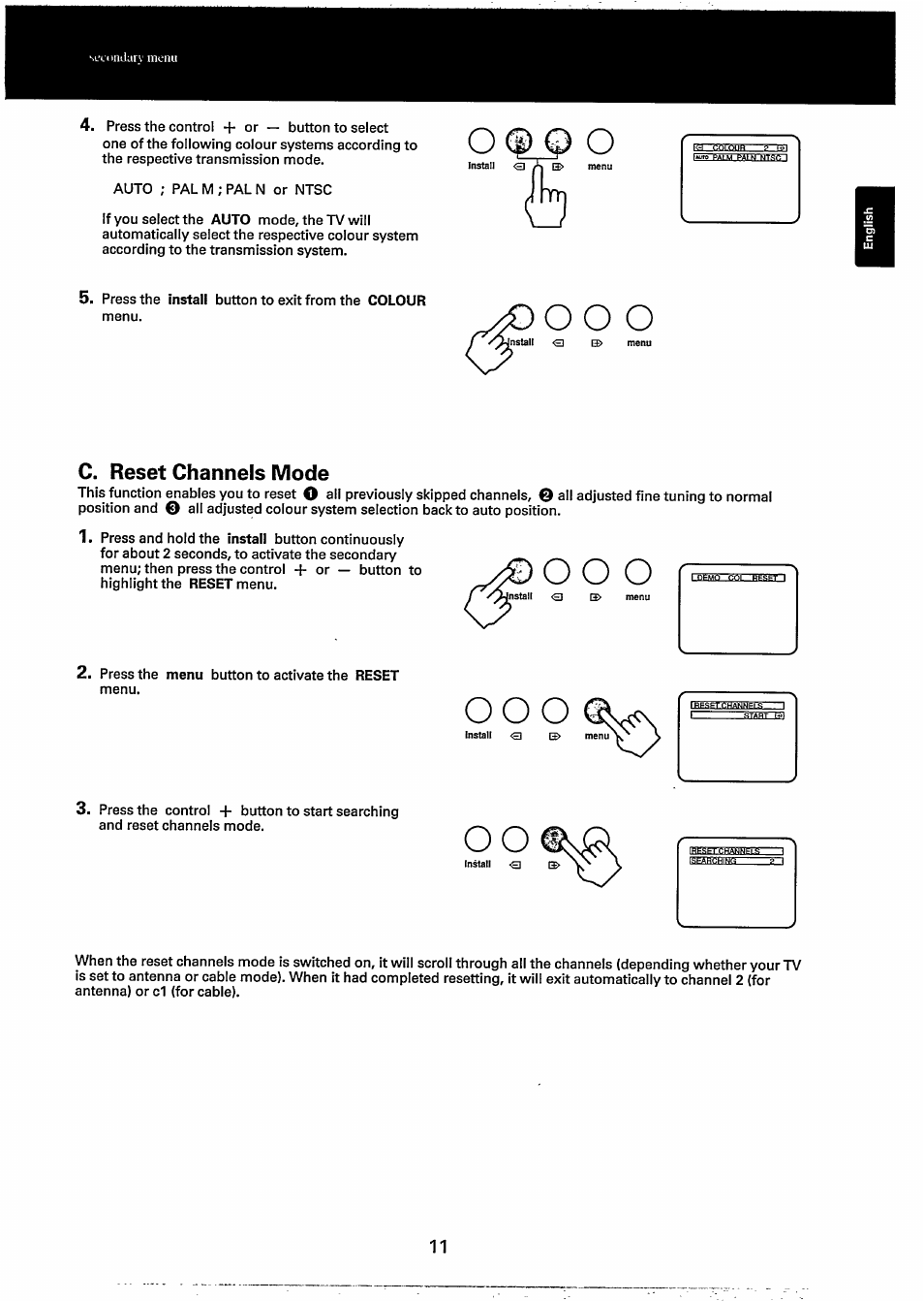 Oo o, C. reset channels mode, O o o | Philips 20GX1850 User Manual | Page 11 / 19