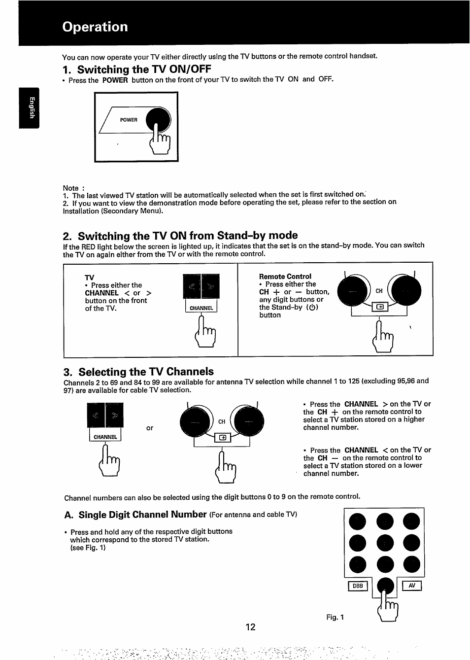 Switching the tv oim/off, Switching the tv on from stand-by mode, Operation | Selecting the tv channels | Philips 20GX1850 User Manual | Page 12 / 19