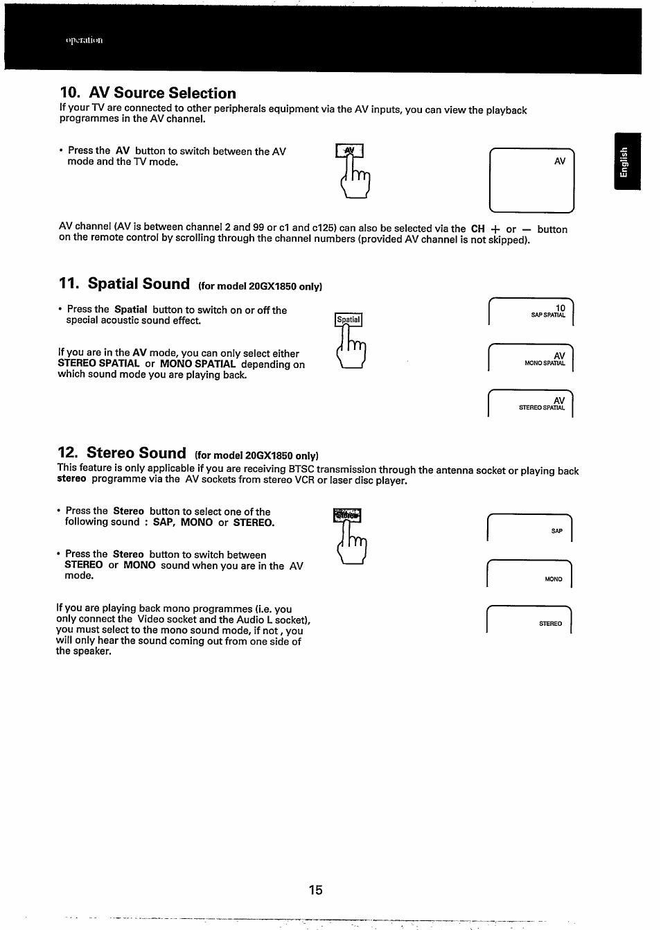 Av source selection, Spotisi sound, Stereo sound | Philips 20GX1850 User Manual | Page 15 / 19