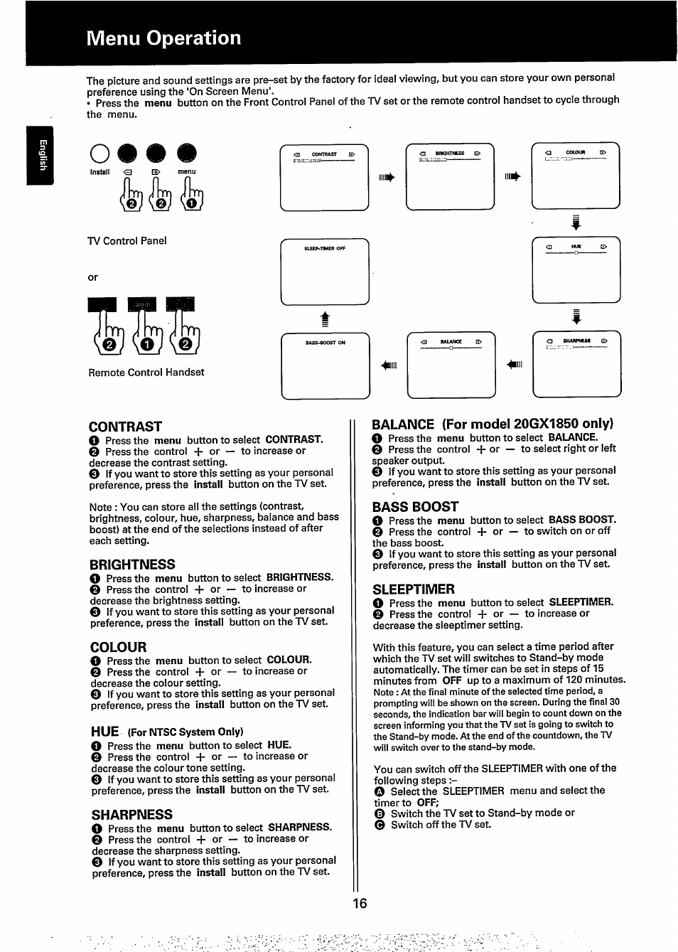 Contrast, Brightness, Colour | Sharpness, Balance (for model 20gx1850 only), Bass boost, Sleeptimer, Menu operation, Contrast o, Brightness o | Philips 20GX1850 User Manual | Page 16 / 19