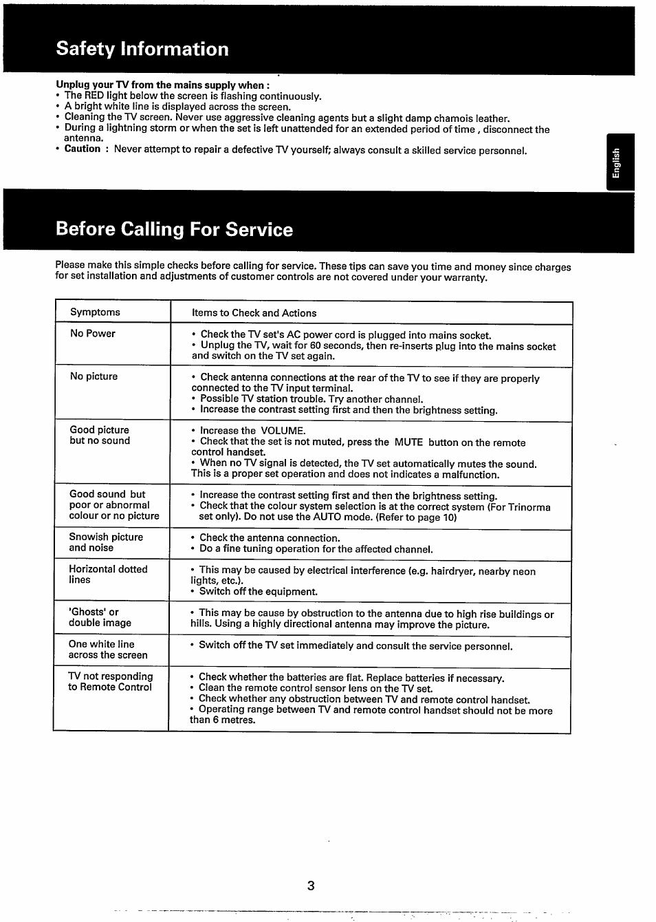 Safety information, Before calling for service | Philips 20GX1850 User Manual | Page 3 / 19