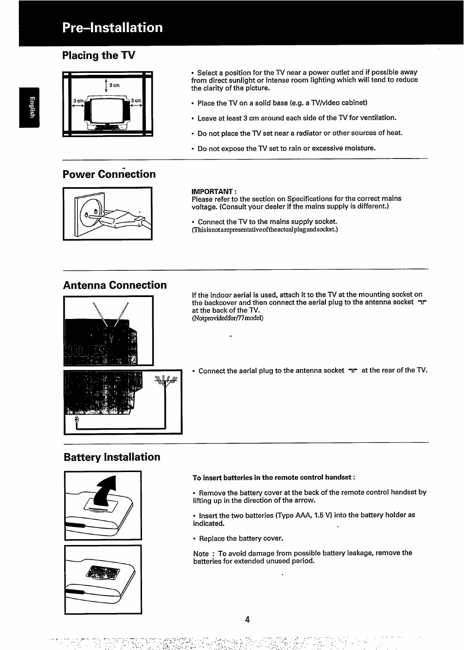 Placing the tv, Power connection, Antenna connection | Battery installation, Pre-installation, Thisisnotarepresentativeoftheactualplugandsocket.), Notprovidedfor/77 model) | Philips 20GX1850 User Manual | Page 4 / 19