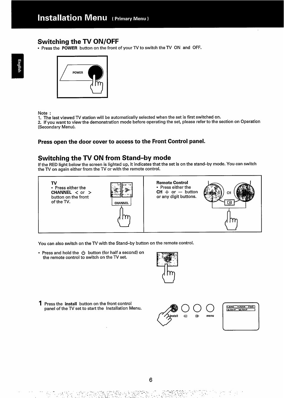 Switching the tv on/off, Switching the tv on from stand-by mode, Oo o | O o o, Installation menu | Philips 20GX1850 User Manual | Page 6 / 19