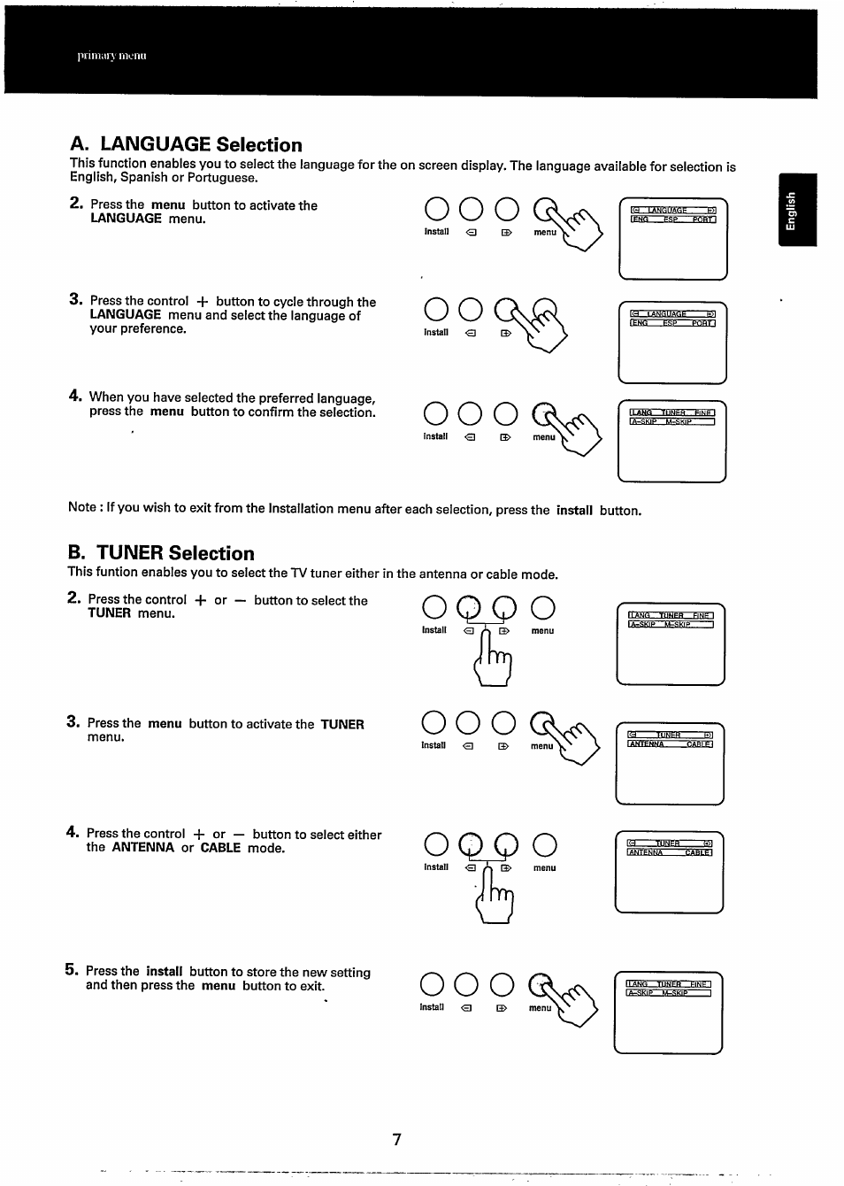 A. language selection, B. tuner selection, Oqo o | O o o, O q o o | Philips 20GX1850 User Manual | Page 7 / 19